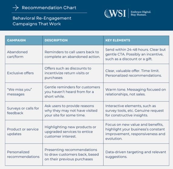 Recommendation chart for behavioral re-engagement campaigns. Lists campaign types, descriptions, and key elements.