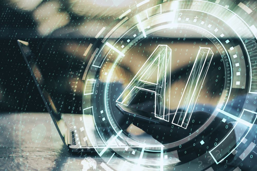 A laptop computer is sitting on a table with a futuristic display of an ai logo.