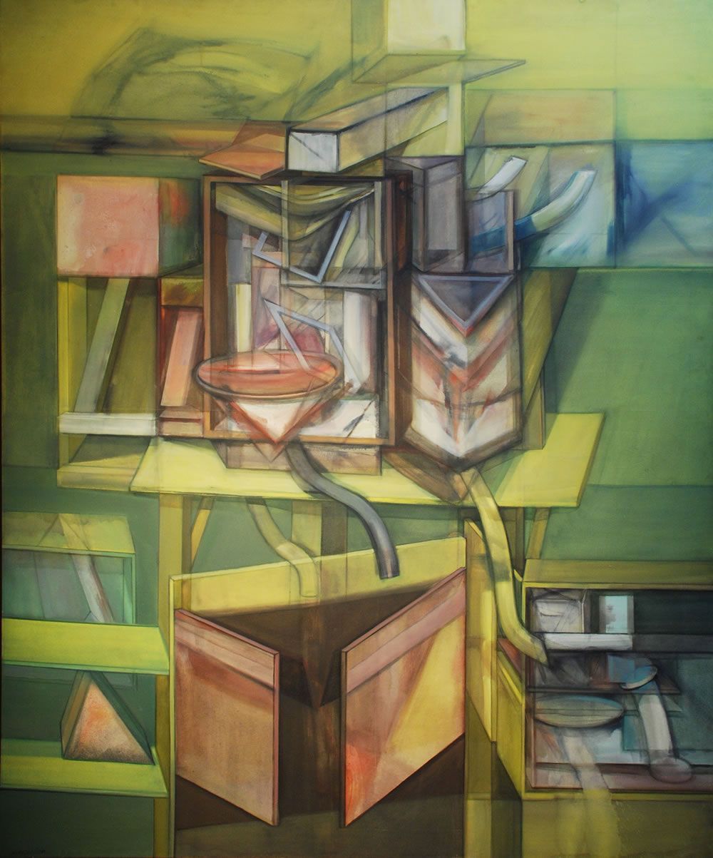 Abstract painting, geometric shapes in greens, yellows, and browns. Boxes, triangles, and angled forms overlap.