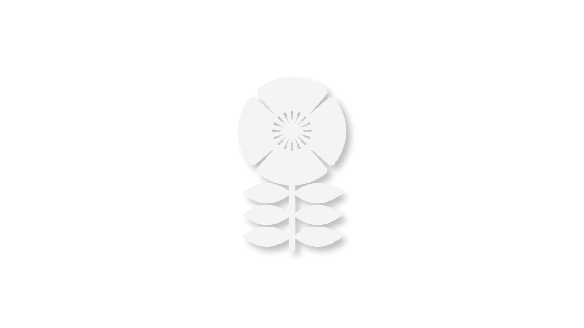 A simple, white icon of a stylized flower with a round, patterned center and three pairs of leaves on a stem.