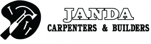 Logo for Janda Carpenters & Builders, featuring a black circular design with a hammer and nails and the company's name.