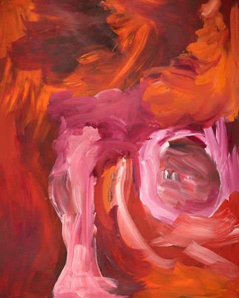 Abstract painting in reds, oranges, and pinks with swirling brushstrokes; a central, lighter tunnel-like shape.