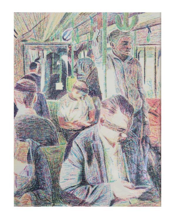 People on a bus. Passengers are standing and seated, some looking at phones. Interior shot, lots of greens and blues.