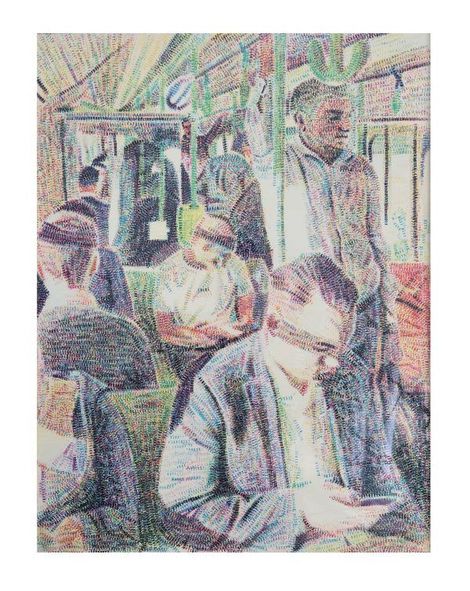 People on a bus. Passengers are standing and seated, some looking at phones. Interior shot, lots of greens and blues.