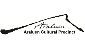 Logo for Araluen Cultural Precinct: a black, stylized mountain range with the word 