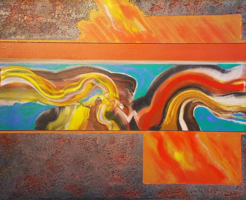 Abstract painting with orange, yellow, and blue brushstrokes, set against textured brown and gray backgrounds.