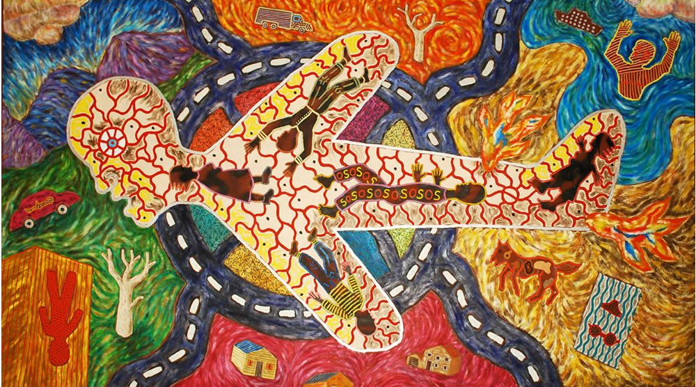Colorful airplane-shaped art with figures, roads, and landscape elements in an abstract style.