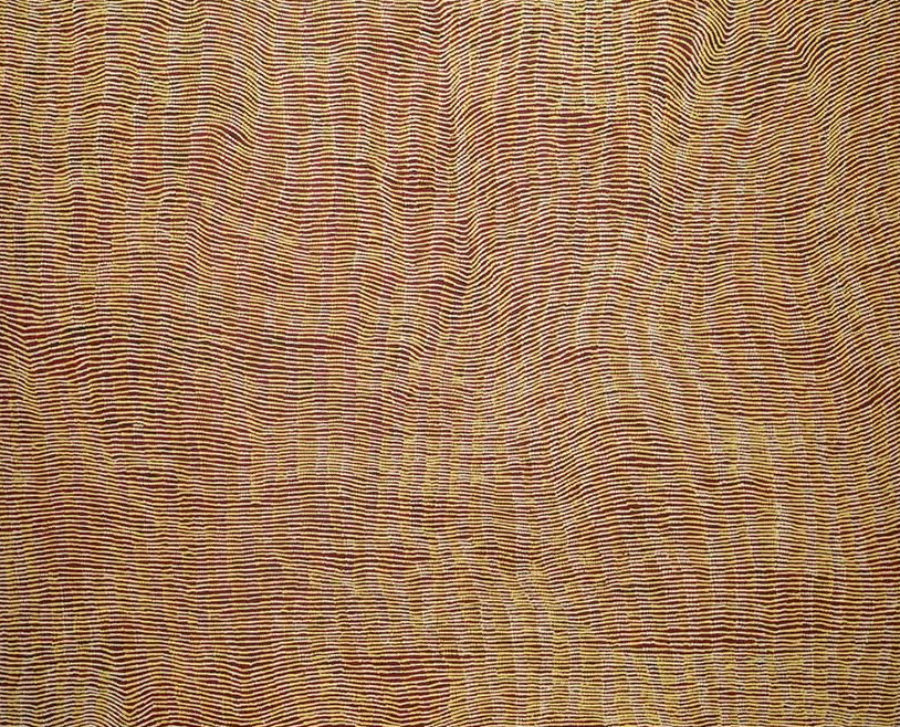 Brown and gold woven textile with a textured, wavy pattern.