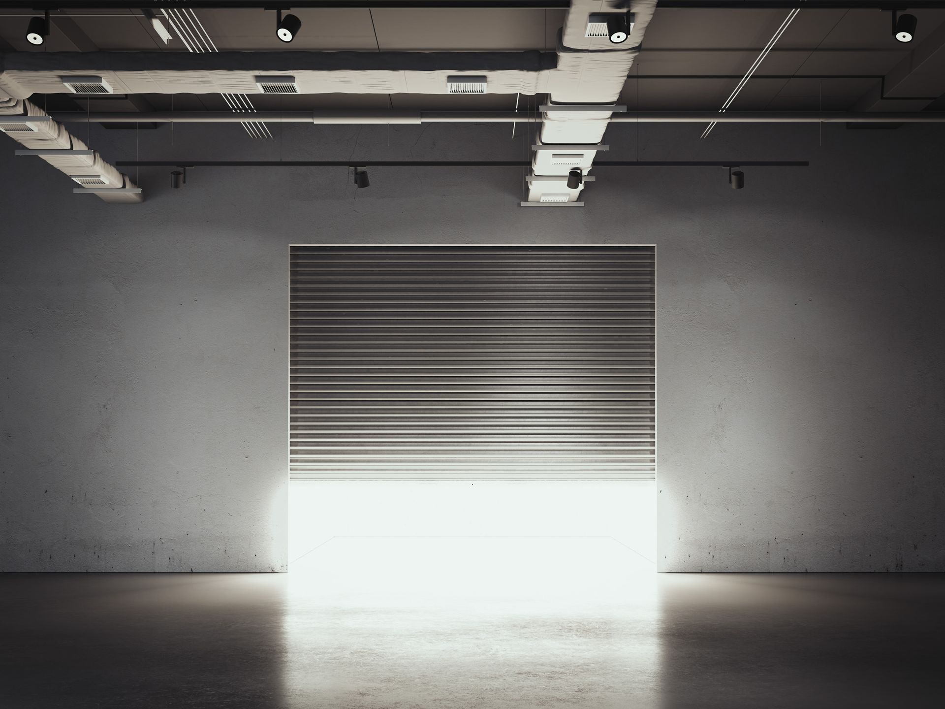 Interior view through commercial garage roller shutters at business property entry.