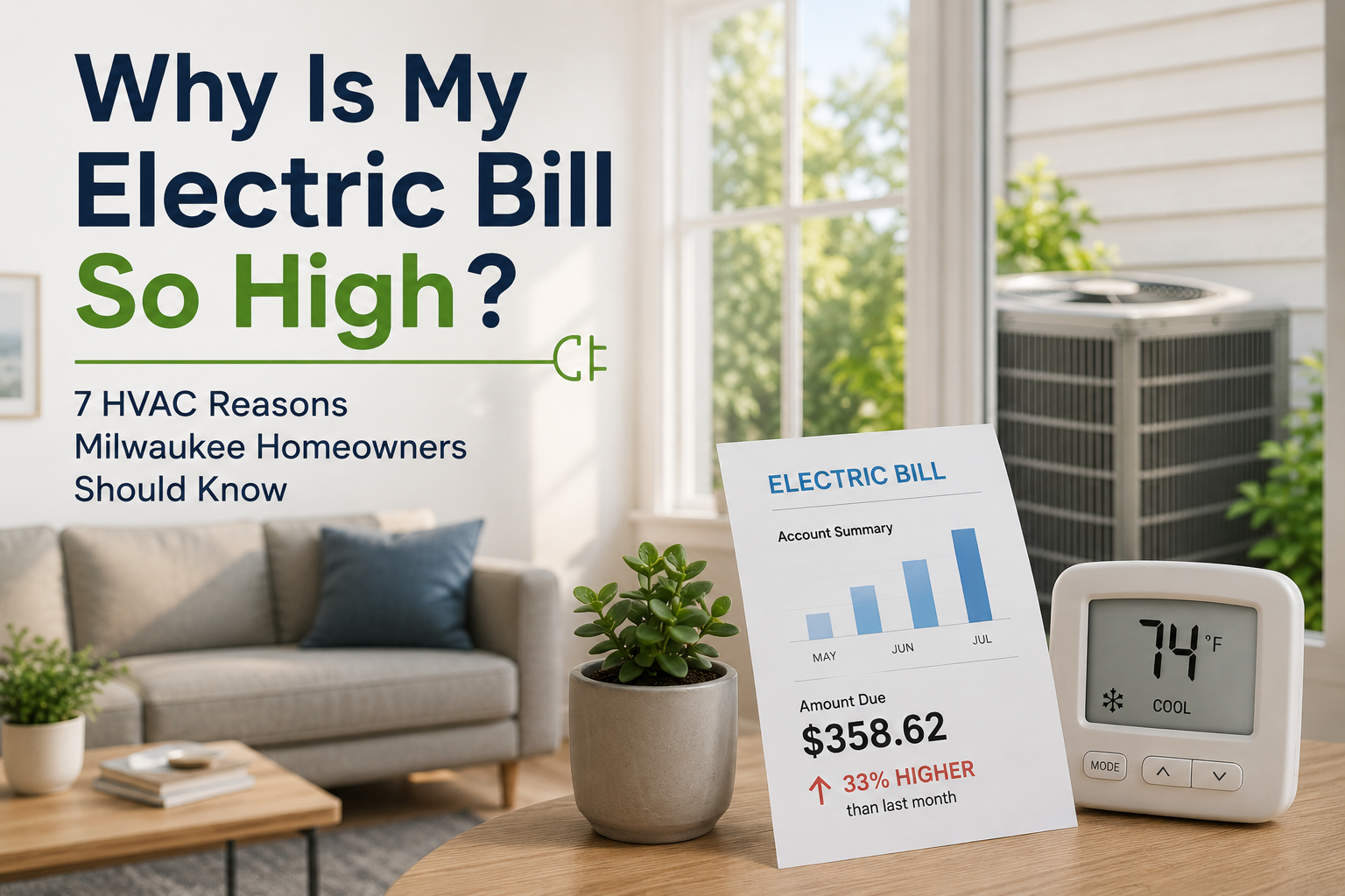 Banner about high electric bills in a bright living room with a thermostat and utility bill Banner about high electric bills in a bright living room with a thermostat and utility bill