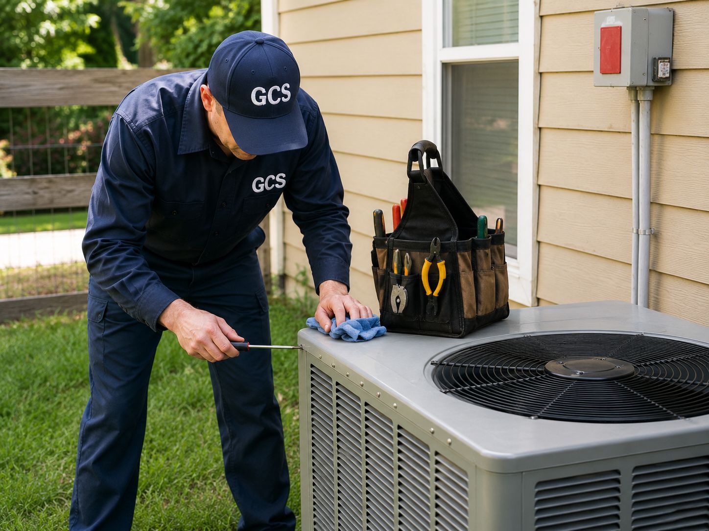 Technician inspecting an outdoor HVAC unit with tools beside a house. Technician inspecting an outdoor HVAC unit with tools beside a house.