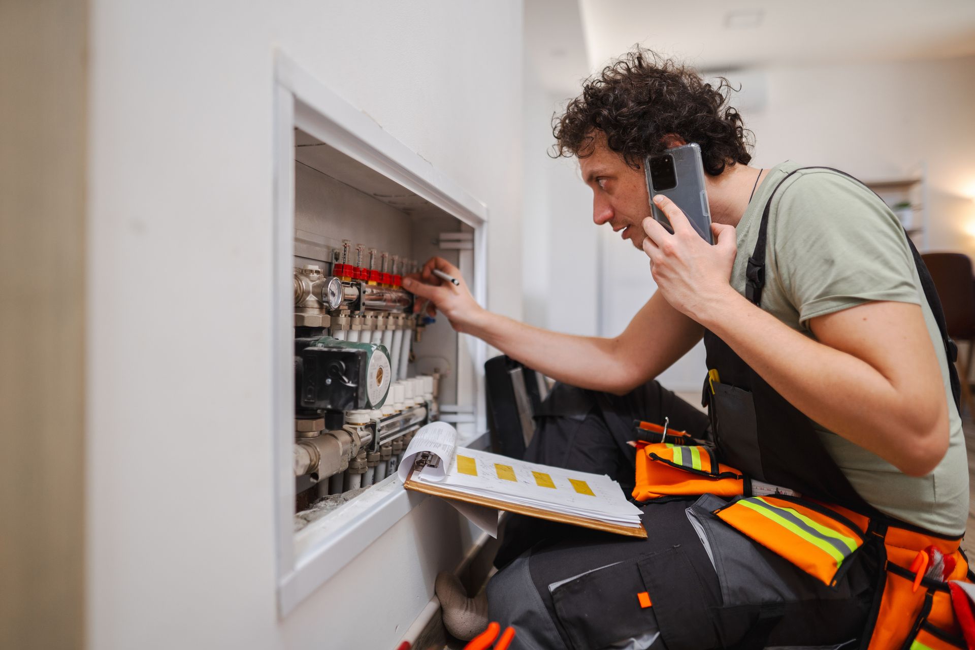 A technician, with phone to ear, inspects a fuse box in a home, reviewing a clipboard. A technician, with phone to ear, inspects a fuse box in a home, reviewing a clipboard.