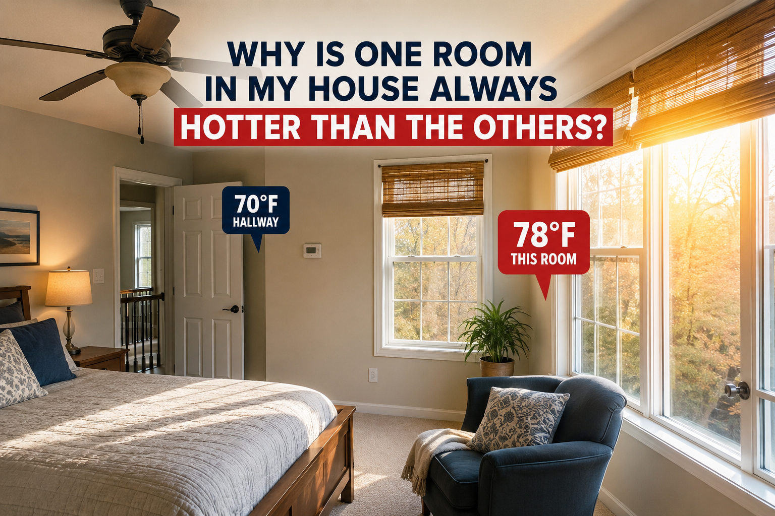 Bedroom with sunlit window and text comparing 70°F room temperature to 78°F near the window. Bedroom with sunlit window and text comparing 70°F room temperature to 78°F near the window.