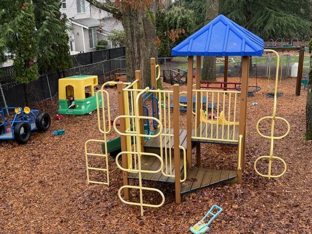 Playground with slides, swings, and climbing structures on wood chips under a blue roof.
