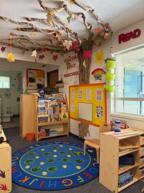 Wooden shelf with toys in a classroom setting, a colorful rug and learning posters visible.