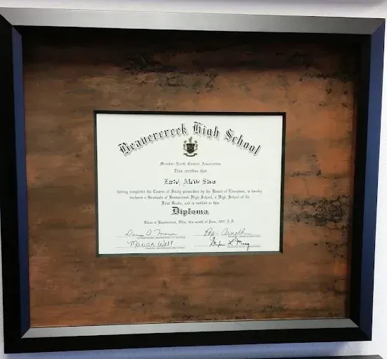Beavercreek High School diploma framed in black with a copper-colored mat.