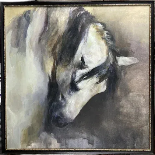 Painting of a horse's head; white, gray and brown tones; dark mane; framed.