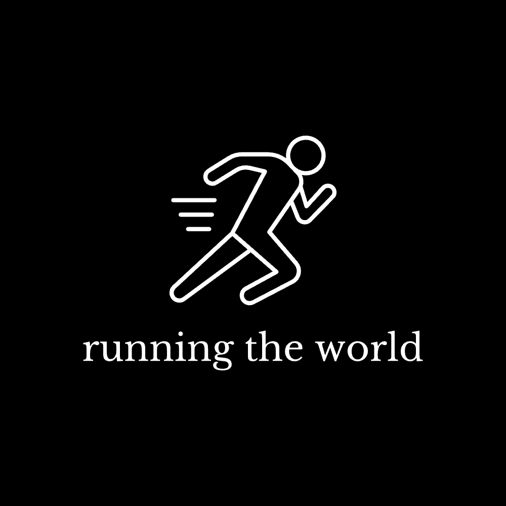 White outline of a person running, with speed lines, over "running the world" text, on a black background.
