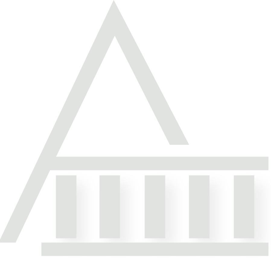 Green abstract logo: a triangle atop a horizontal line with five vertical lines.