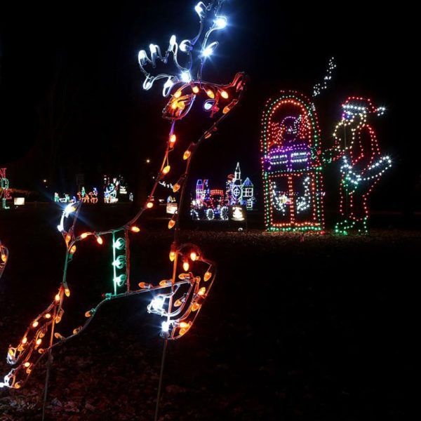 Outdoor holiday light displays including a leaping reindeer, a jukebox, and Santa against a dark night sky.
