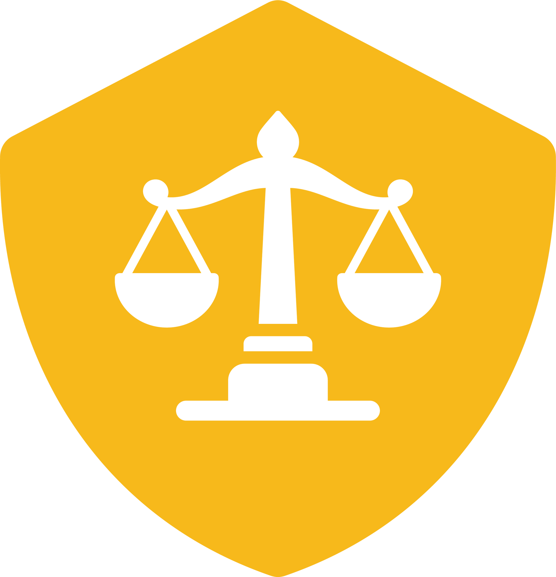 A yellow shield with a scale of justice on it.