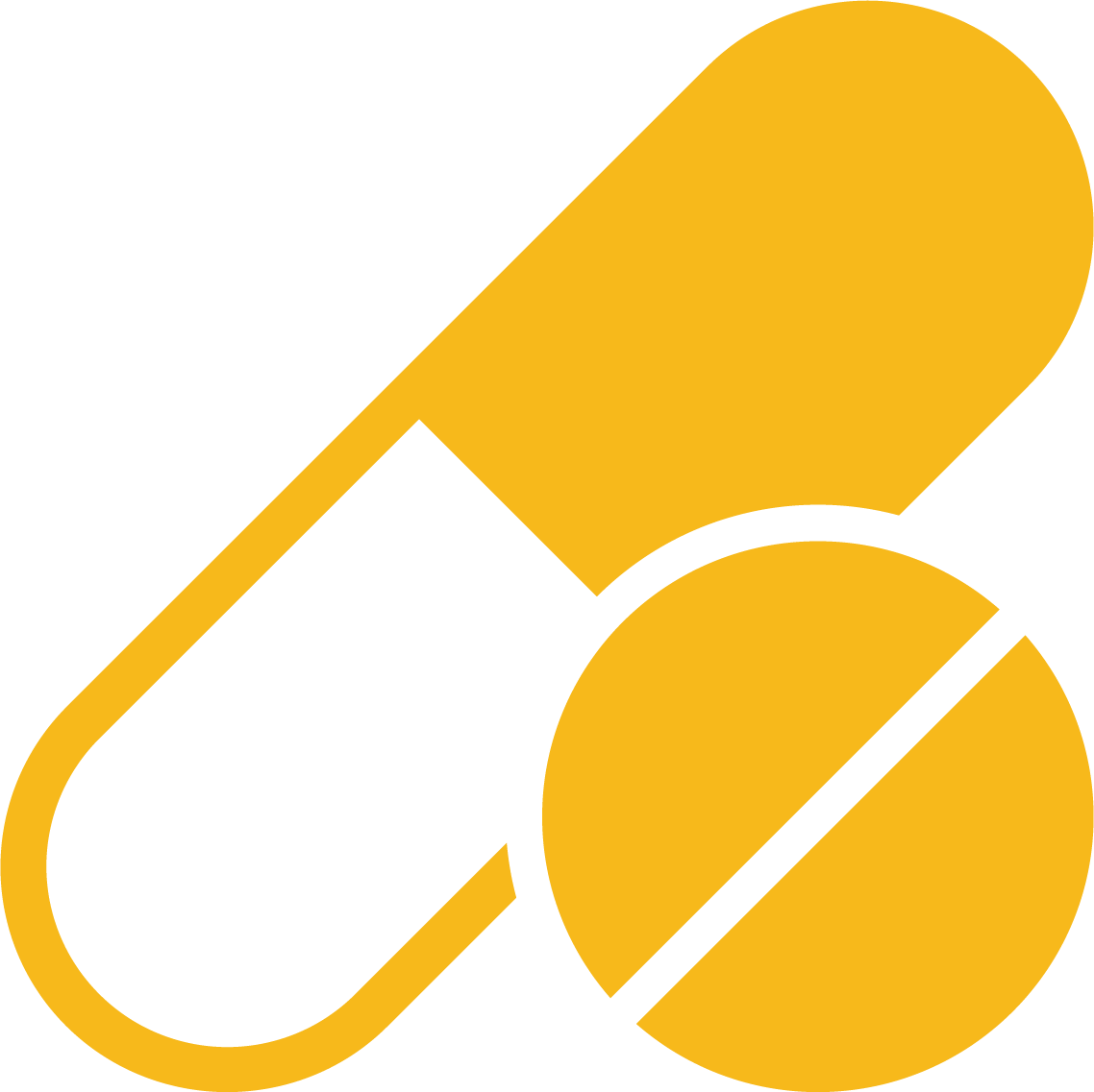 A yellow icon of a capsule and a pill on a white background.