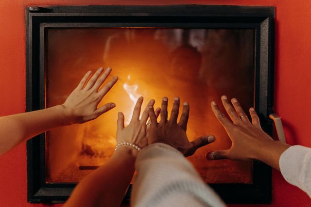 Hands warming in front of a fireplace with orange flames.