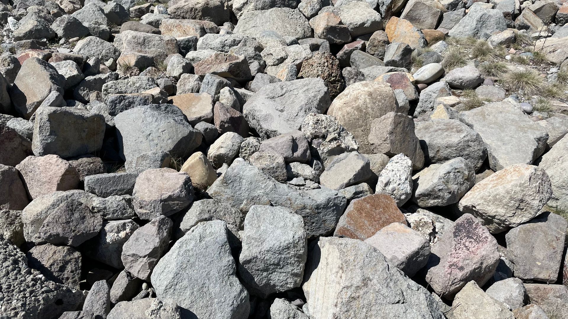 A pile of rocks is sitting on the ground in a field.
