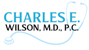 The logo for charles e. wilson , m.d. , p.c. has a stethoscope on it.