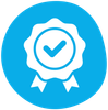 A blue circle with a white ribbon and a check mark in the center.
