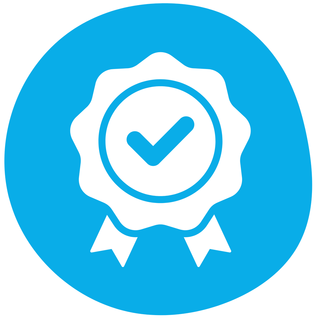 A blue circle with a white ribbon and a check mark in the center.