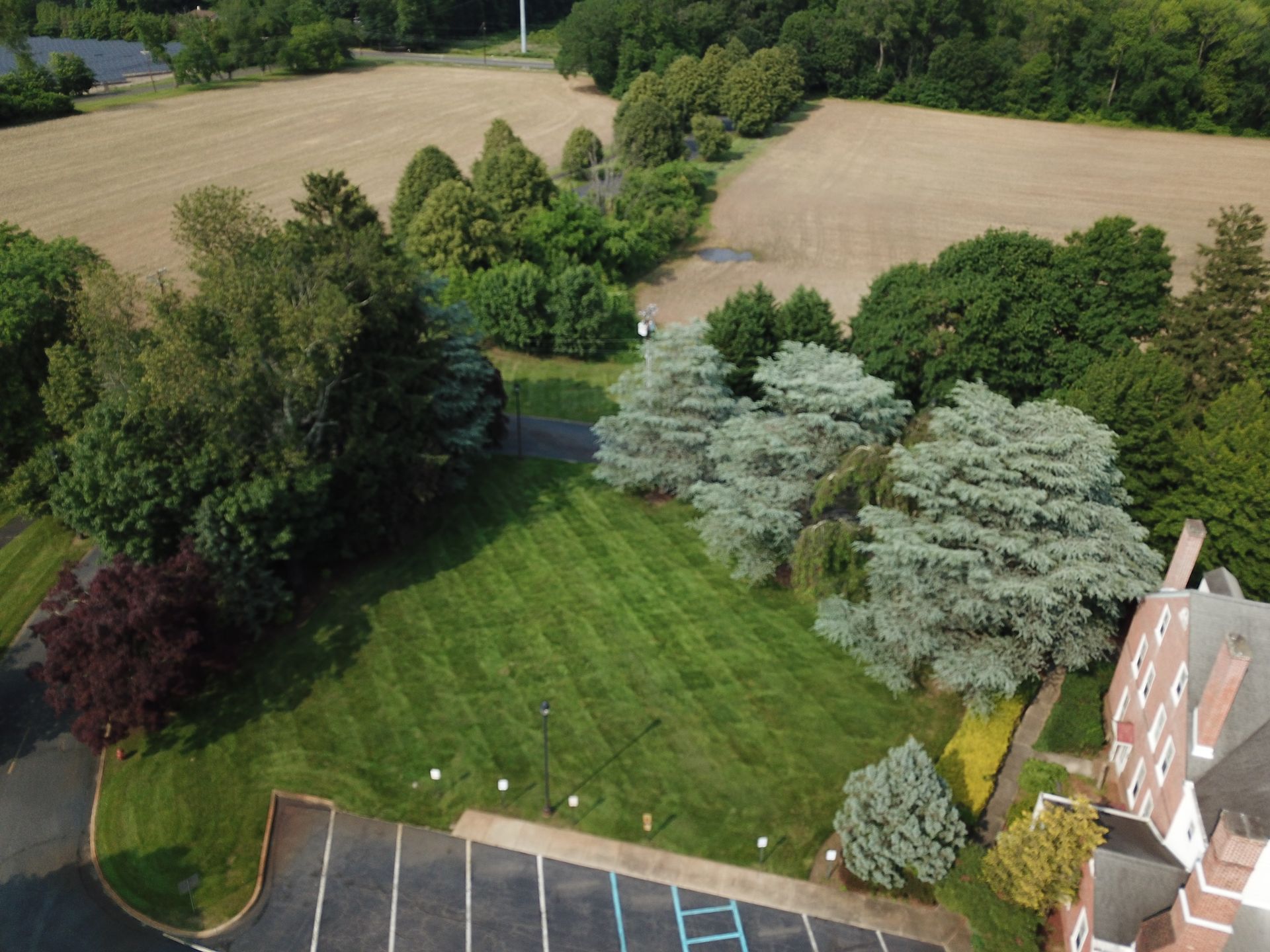 Aerial view of a green lawn surrounded by trees and a parking lot with blue-striped spaces, near a field and building.