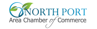 North Port Area Chamber of Commerce logo in blue and green with stylized wave and leaf