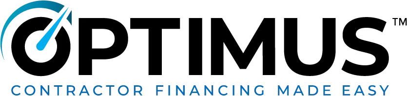 Optimus Contractor Financing logo with blue and black text and a stylized house roof icon