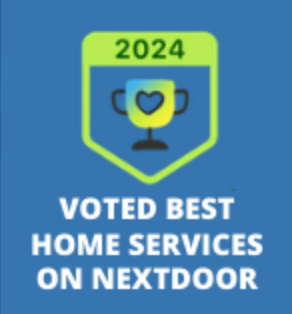 2024 badge with trophy icon and “VOTED BEST HOME SERVICES ON NEXTDOOR” text on blue background