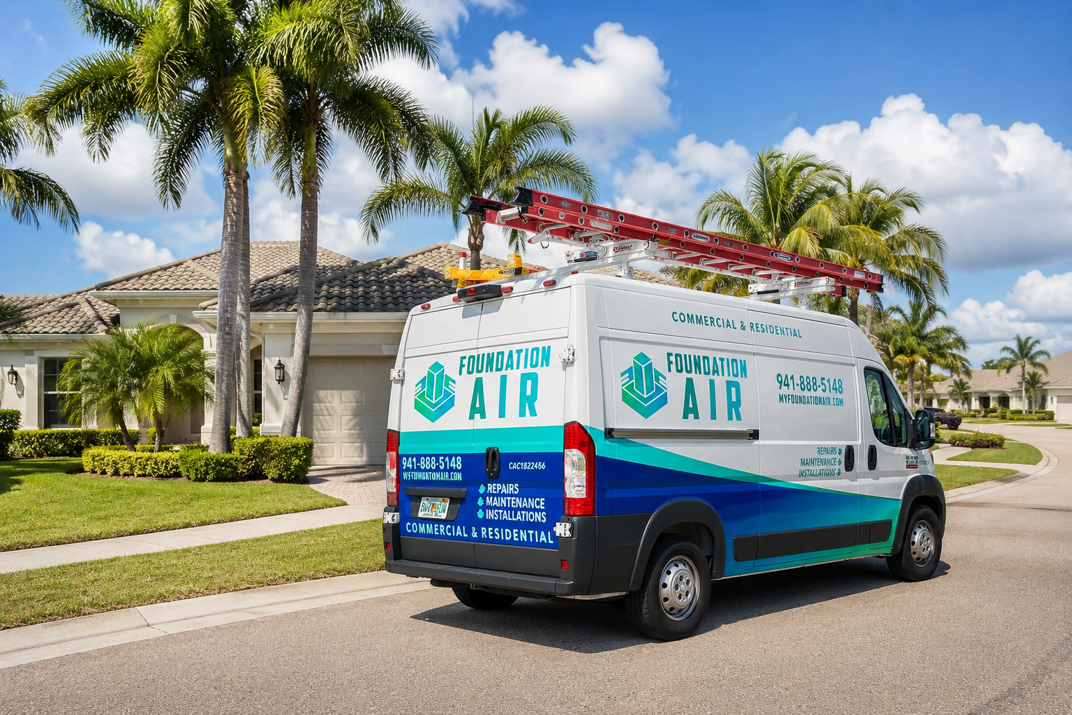 Altruan Air van parked on a suburban street with palm trees and a ladder on top
