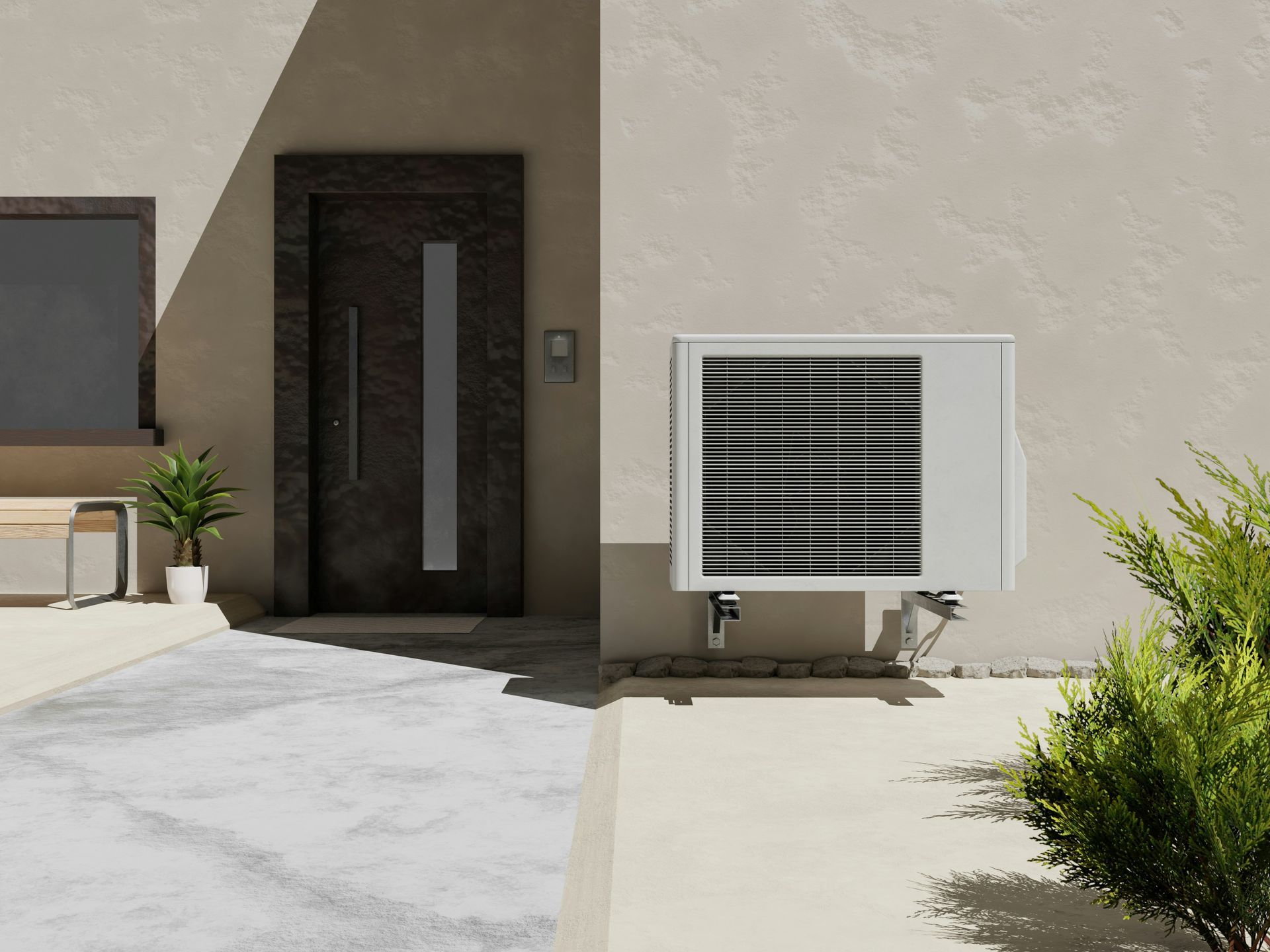 Modern house entrance with a dark front door and a large outdoor air-conditioning unit beside the wall.