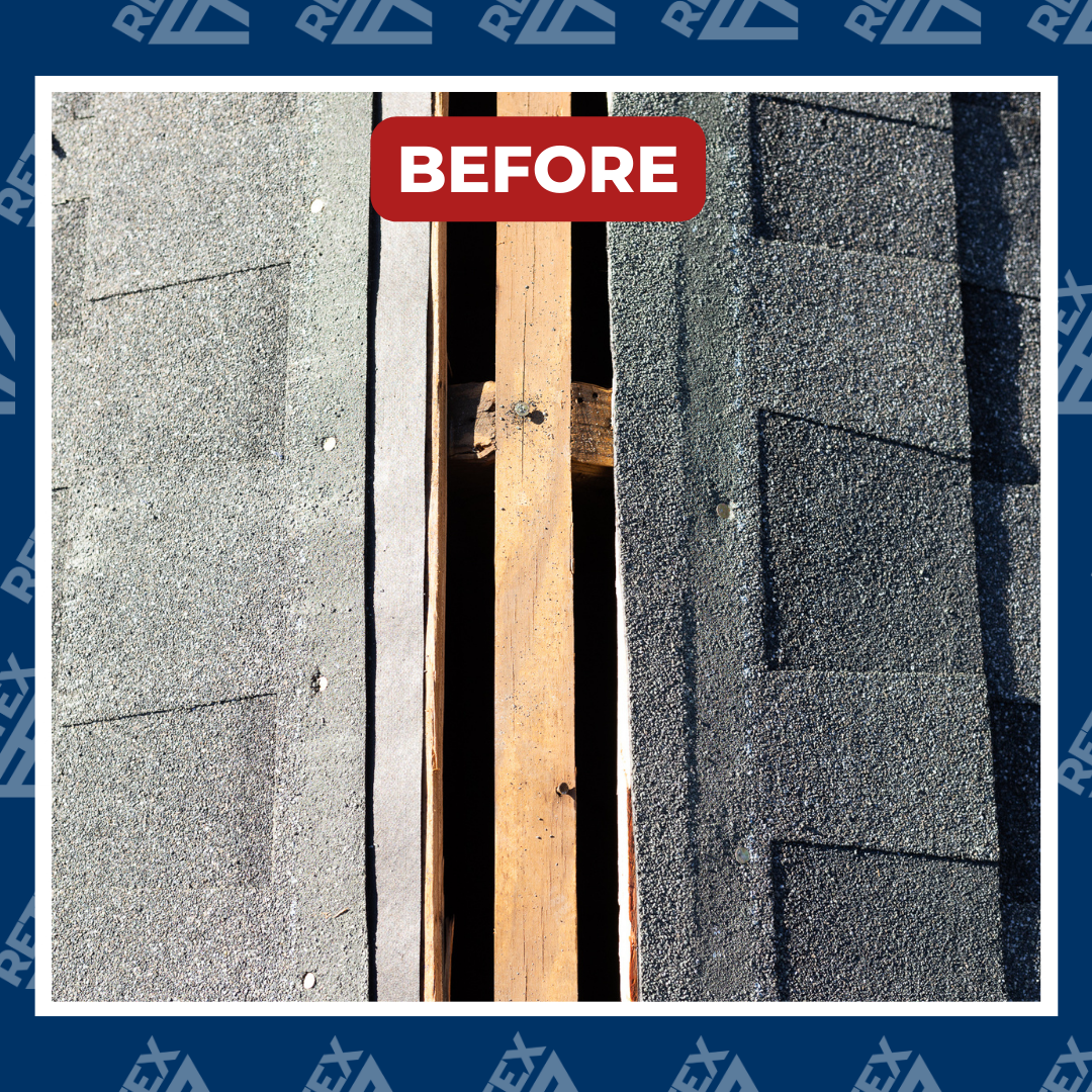 A graphic showing a photo of a RETEX crew member installing ridge cap during a roof replacement in North Chesterfield, VA.