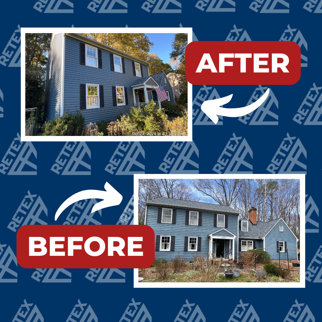 An infographic showcasing before-and-after photos of a RETEX siding replacement project for a North Chesterfield VA home.