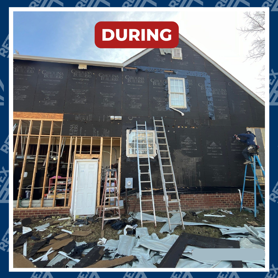 A graphic of a during-install photo for a RETEX vinyl siding replacement in Chester VA. This home's siding had fire damage.