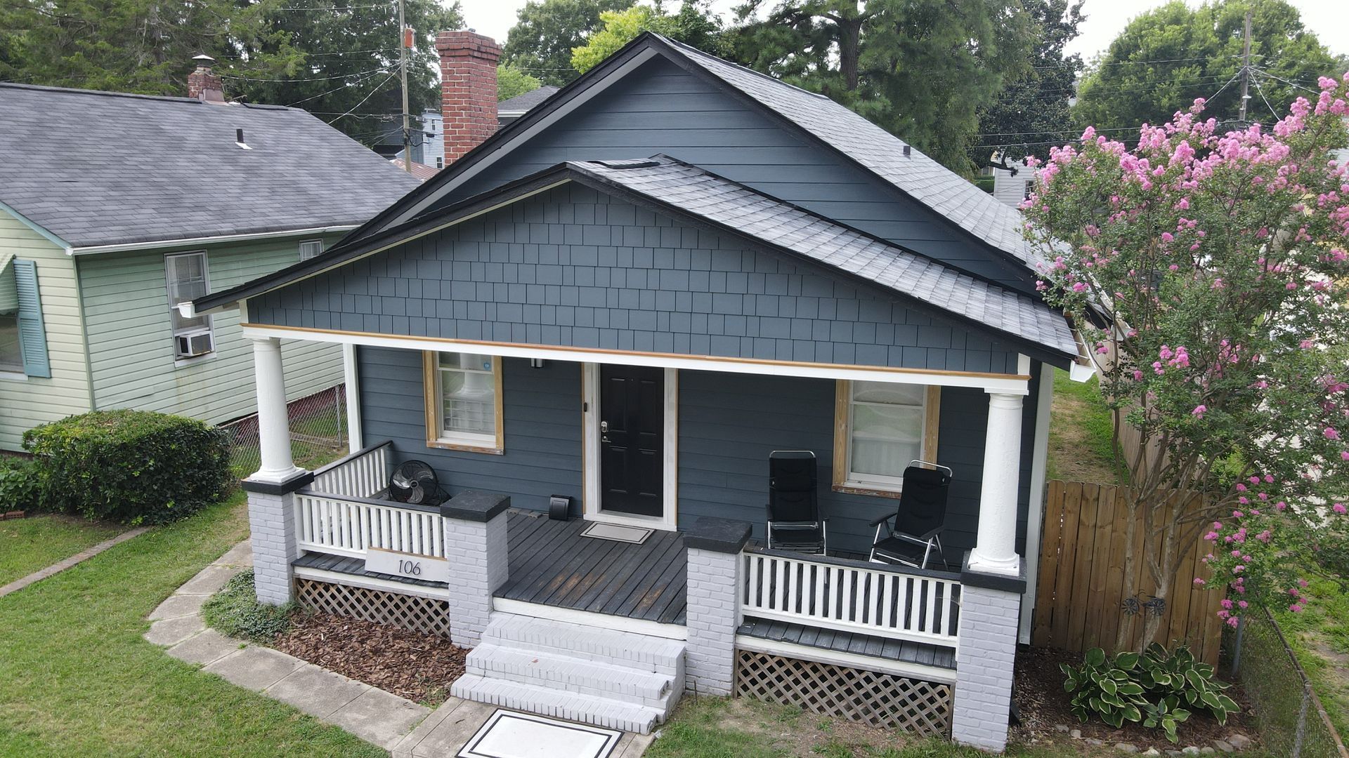 Drone image of a RETEX HardiePlank fiber cement siding replacement, gutter replacement, and roof replacement in Richmond VA.