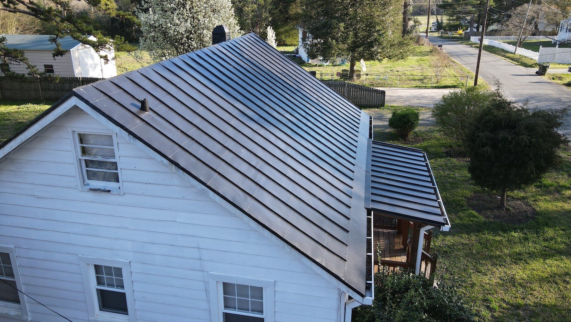 A drone image of a RETEX metal roof recoating in North Chesterfield VA 23235. 