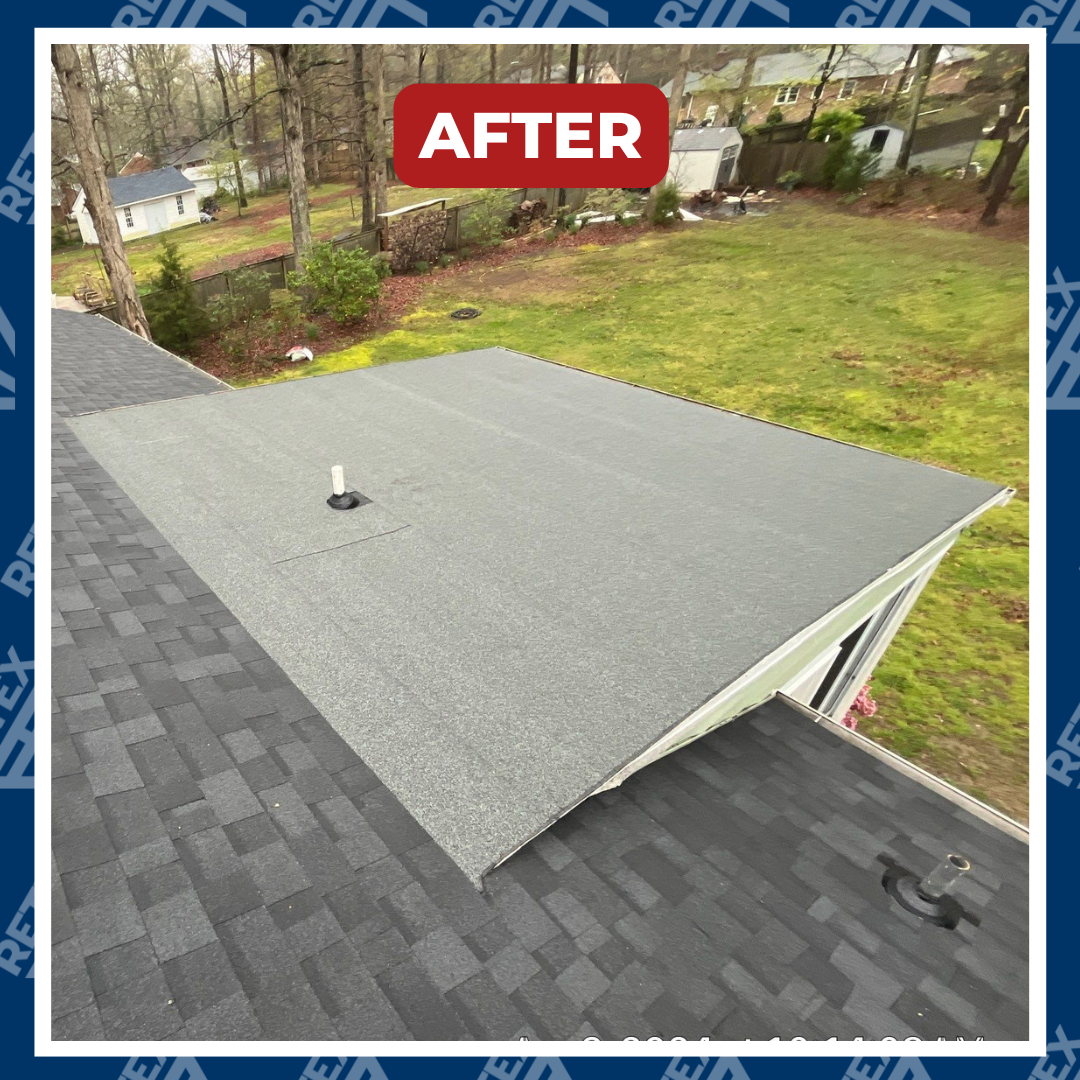 A graphic showing after photo of a flat roof replacement in North Chesterfield VA 23235.