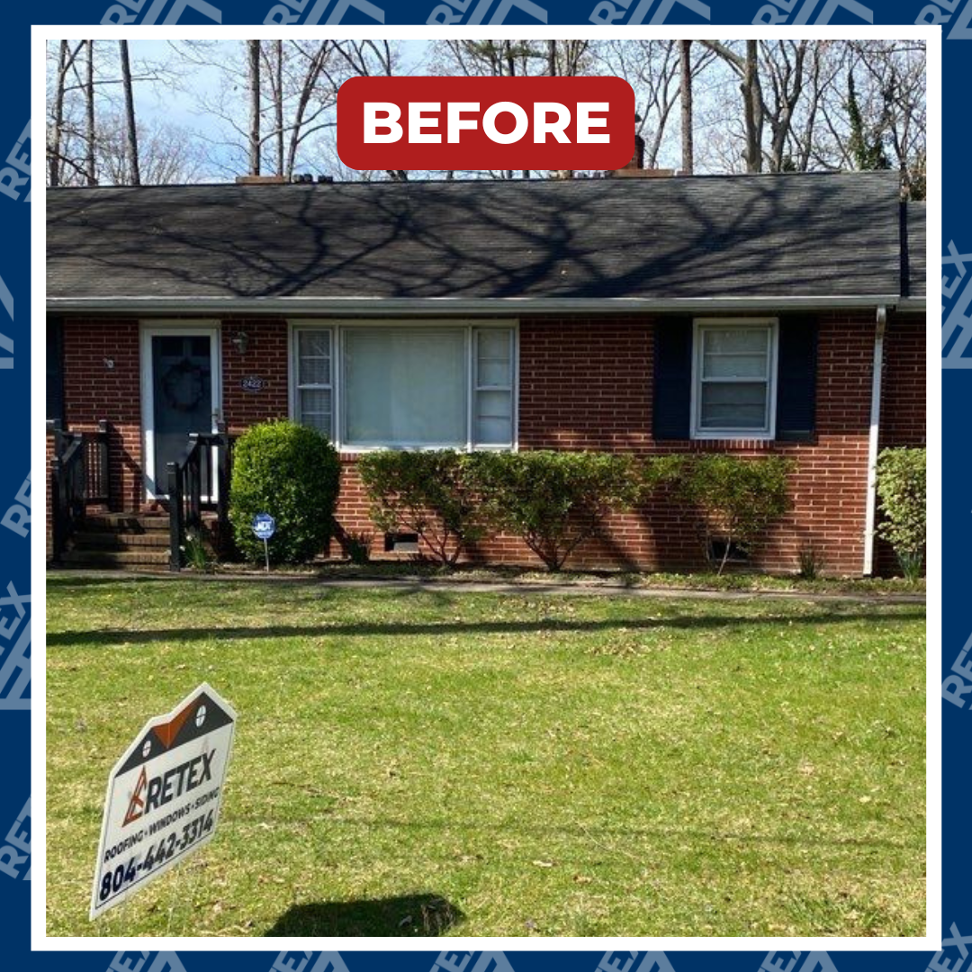 A graphic showing before photo of an asphalt shingle roof and flat roof replacement in North Chesterfield VA 23235.