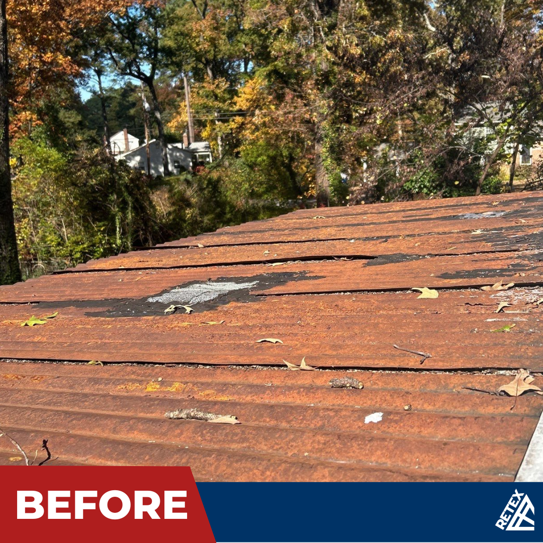 A graphic showing after photo of a flat roof replacement in North Chesterfield VA 23235.