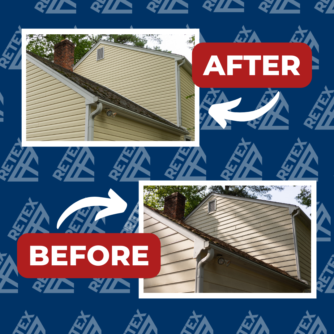 A graphic showing before-and-after photos of a RETEX siding replacement in North Chesterfield, VA.