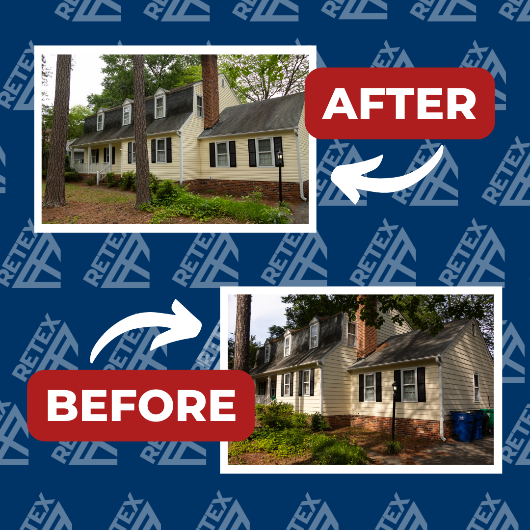 A graphic showing before-and-after photos of a RETEX siding replacement in North Chesterfield VA.