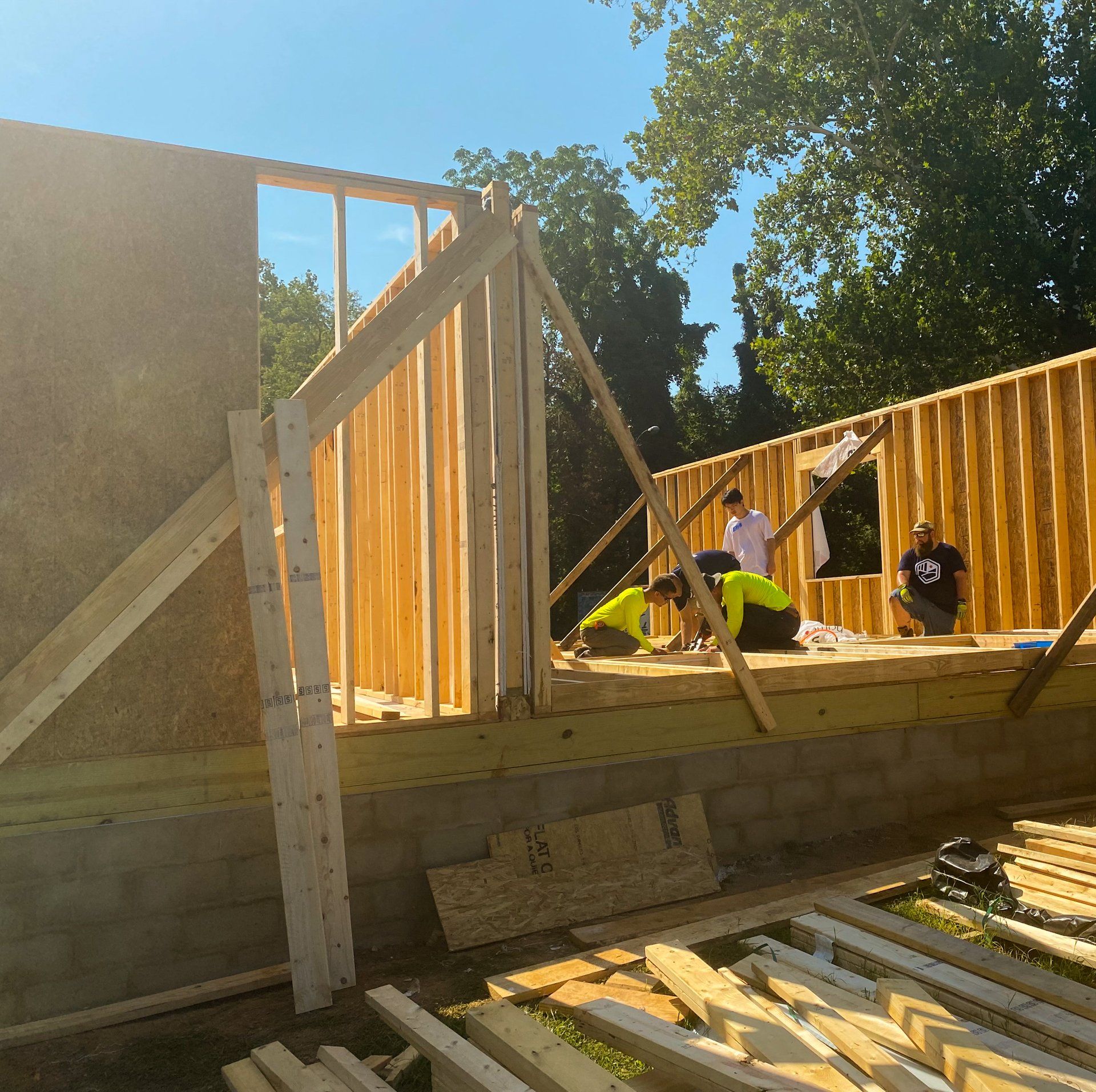 Image of RETEX team members building out framing for a Richmond Habitat for Humanity home.