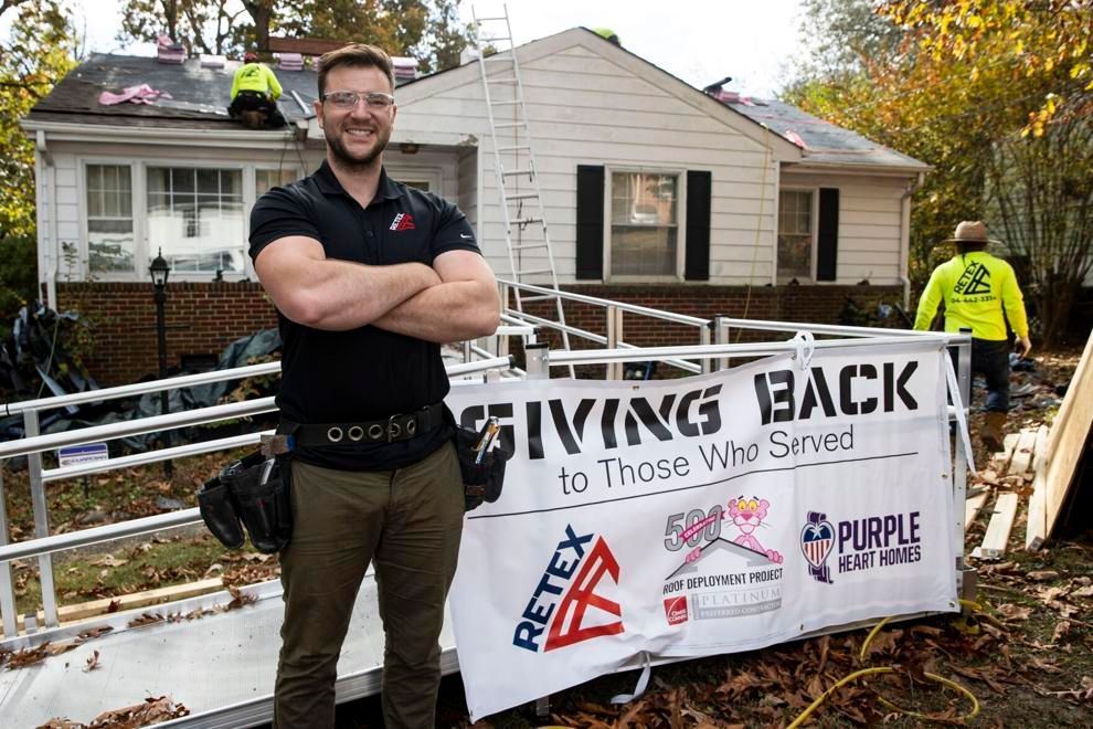 Image of RETEX's Josh Lewis in front of the RETEX Roof for a Veteran roof replacement in Chester VA 23831 in November 2023.