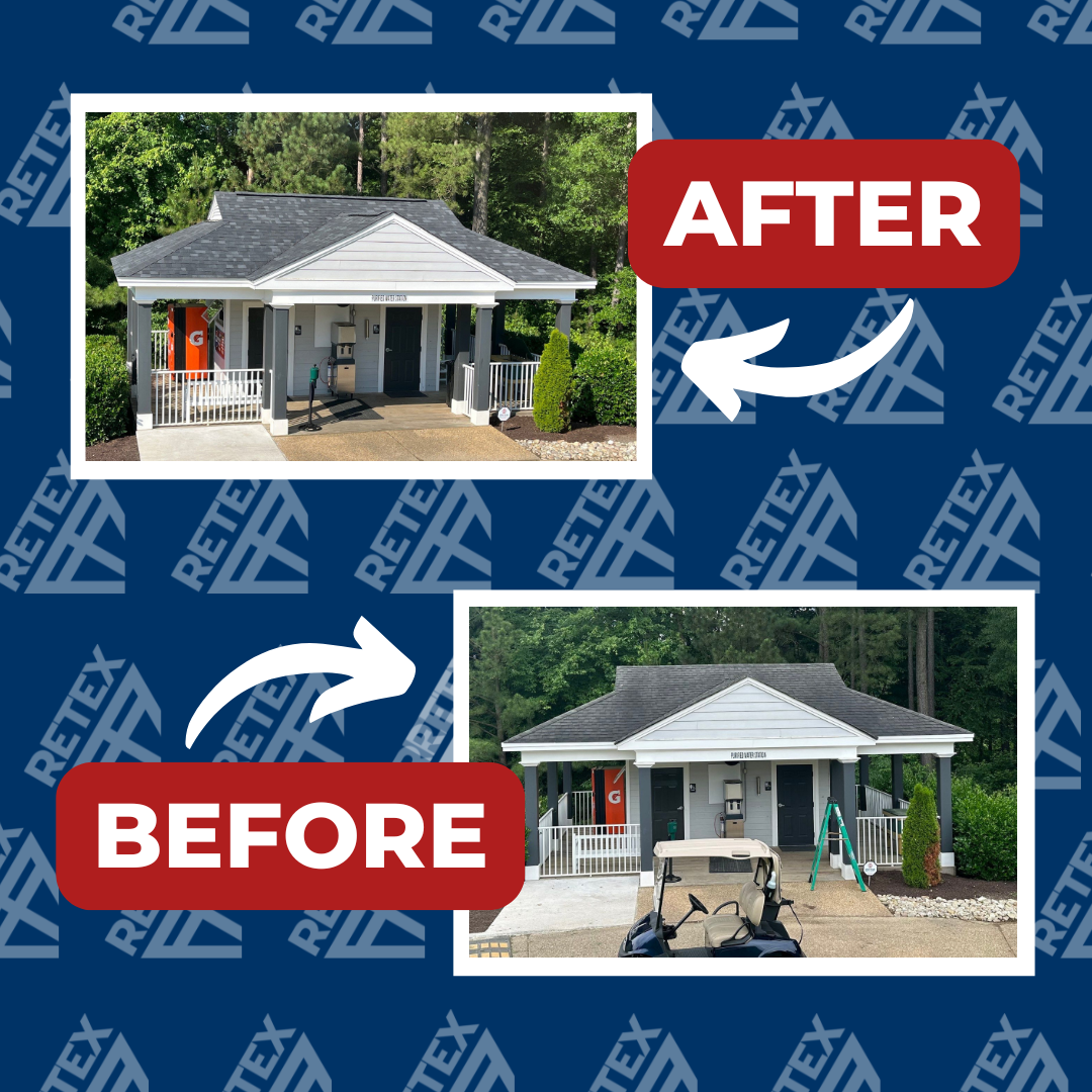 A graphic showing before-and-after photos of a RETEX roof replacement for Independence Golf Club in Midlothian VA 23112.